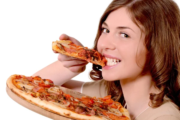 Menina morde pizza — Fotografia de Stock