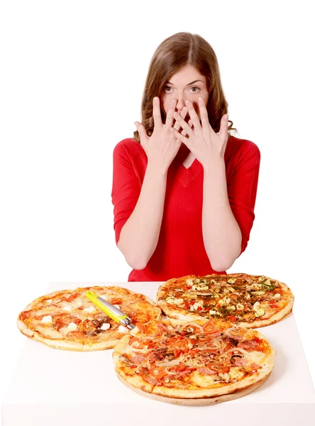 Girl advertises different pizza — Stock Photo, Image
