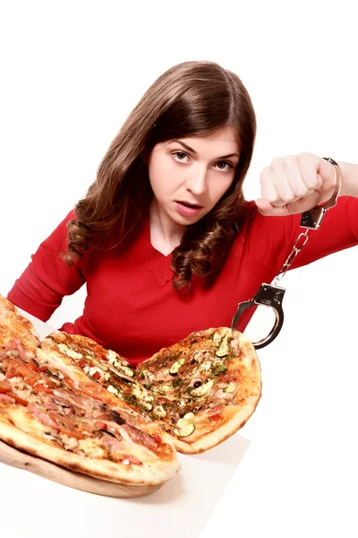 Girl handcuffed to a pizza — Stock Photo, Image