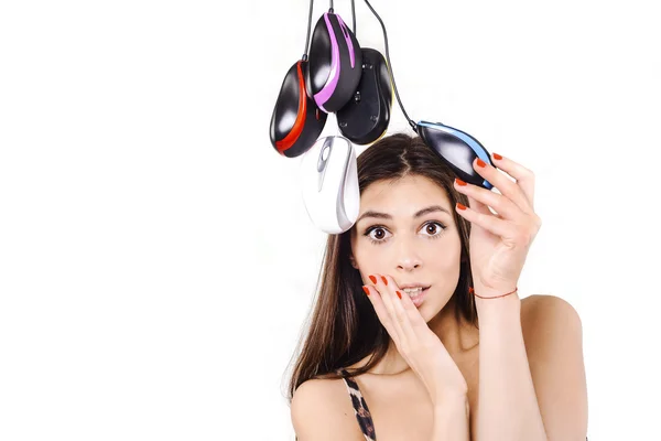 Surprised girl with computer mouses — Stock Photo, Image