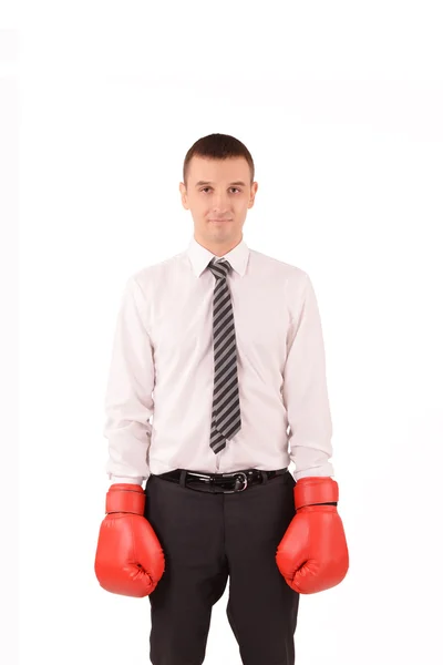 Man in bokshandschoen voor beginners met zijn handen naar beneden — Stockfoto