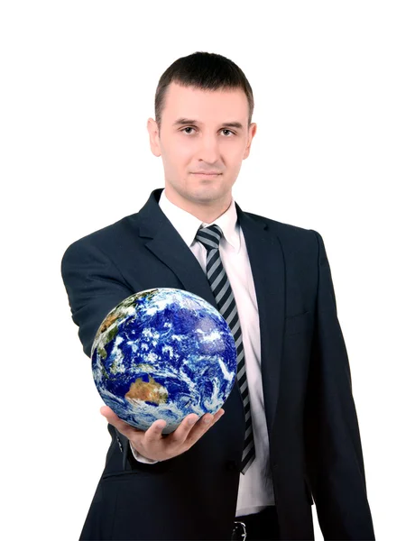 A man in a suit with a planet Earth in the hand — Stock Photo, Image