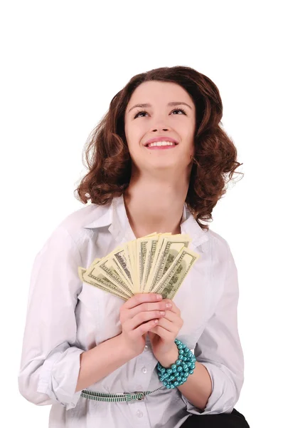 Menina com um fã de dinheiro — Fotografia de Stock