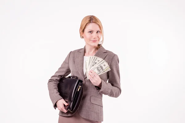 Business woman with a briefcase and money — Stock Photo, Image