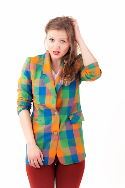 Chica en una chaqueta multicolor — Foto de Stock