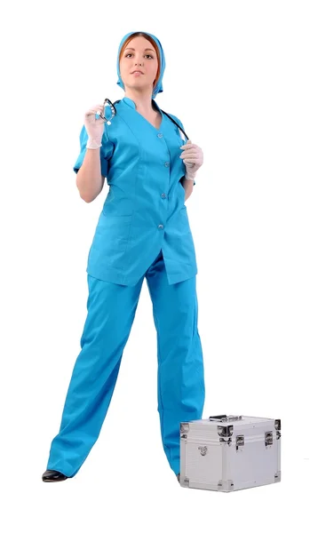 Krankenschwester in blauer Uniform und mit Stethoskop — Stockfoto