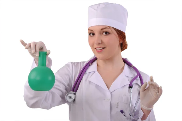 Doctor in a white coat, flask — Stock Photo, Image