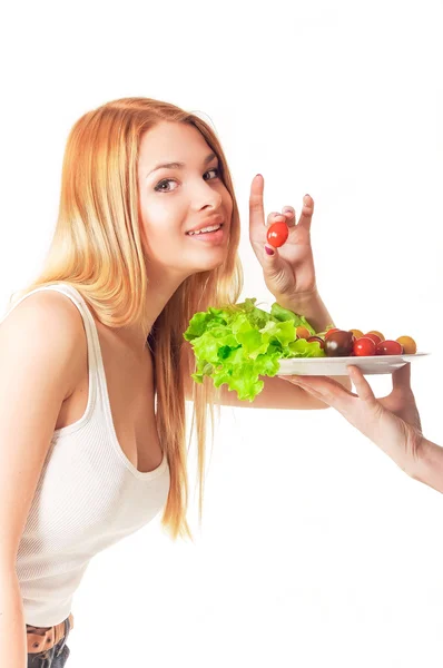 Chica con tomates rojos cereza — Foto de Stock