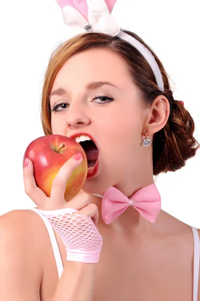 Girl dressed as a rabbit and apple — Stock Photo, Image