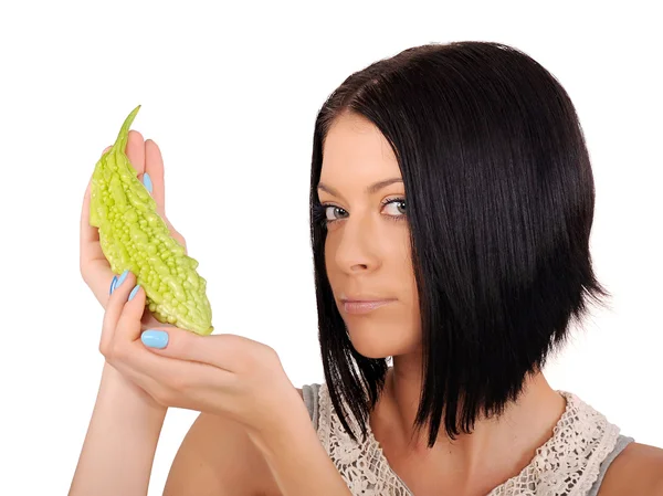 Brunette with a cucumber — Stock Photo, Image