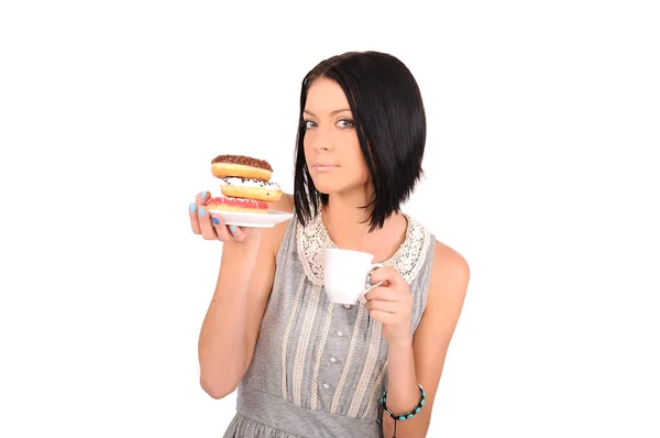 Girl with donuts and cup — Stock Photo, Image