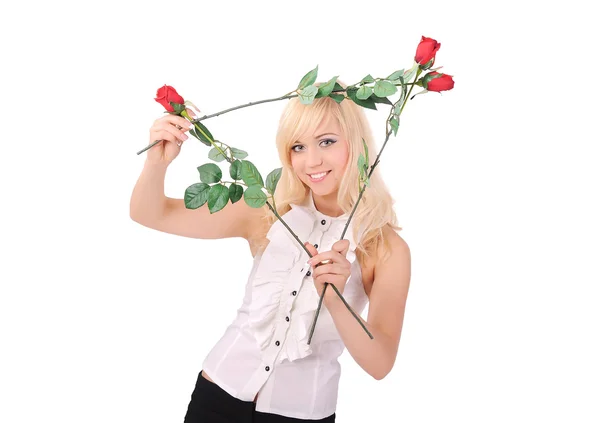 Κορίτσι με κόκκινα τριαντάφυλλα — Φωτογραφία Αρχείου