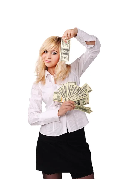 Girl and fan of dollars — Stock Photo, Image