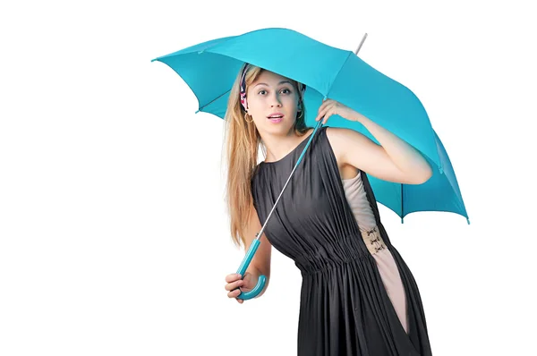 Flickan kikar ut under paraply — Stockfoto