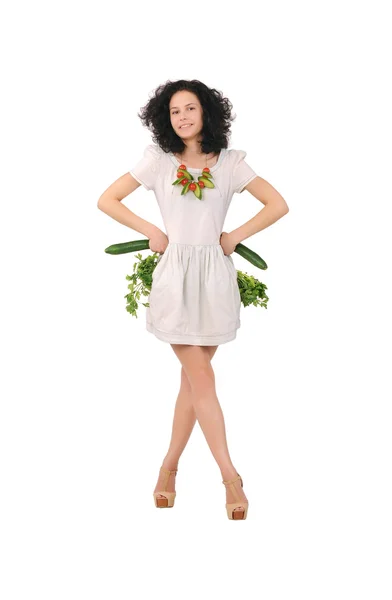 Young girl with a cucumber in hands — Stock Photo, Image