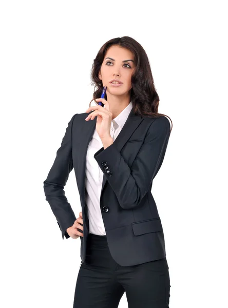 Girl in suit and with pen in hand — Stock Photo, Image