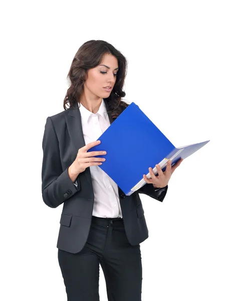 Mujer de pie con una carpeta azul en la mano —  Fotos de Stock