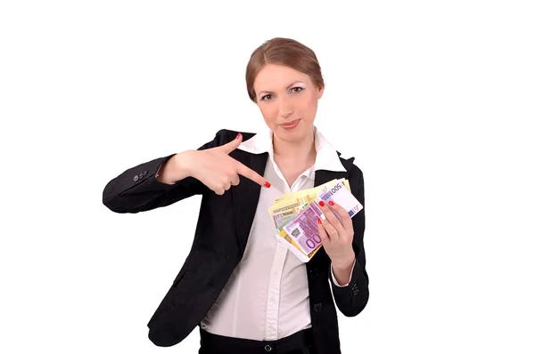 Mujer mostrando dinero en sus manos — Foto de Stock