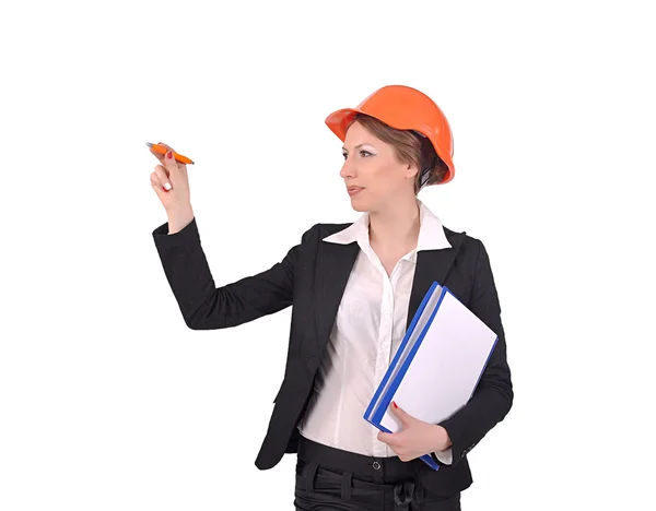 Mulher em um capacete de construção — Fotografia de Stock