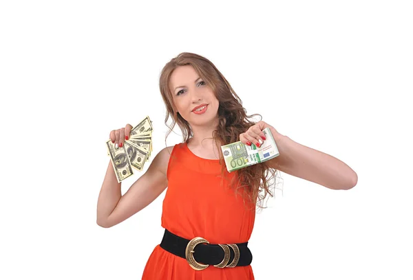Mulher sorridente com dinheiro na mão — Fotografia de Stock