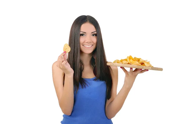 Girl advertises chips — Stock Photo, Image
