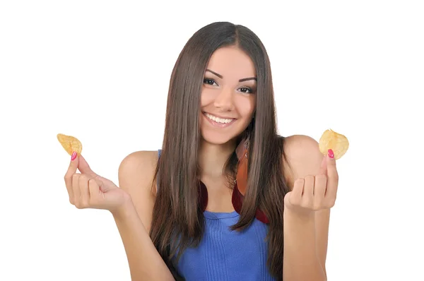 Girl with chips in hand — Stock Photo, Image