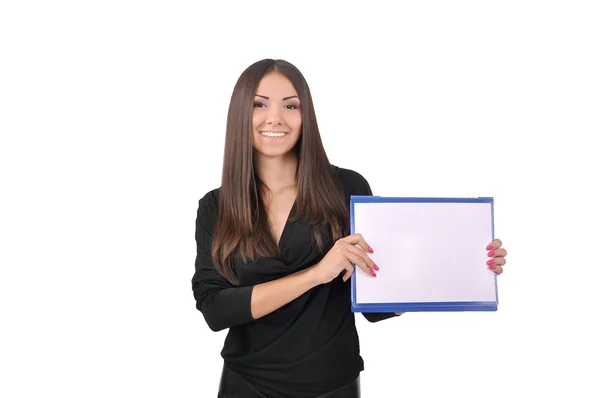 Ragazza che tiene una cartella con un foglio bianco — Foto Stock