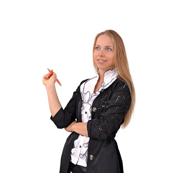 Girl with pen in hand — Stock Photo, Image