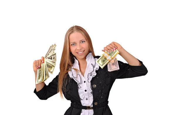 Girl with a dollars in her hands — Stock Photo, Image