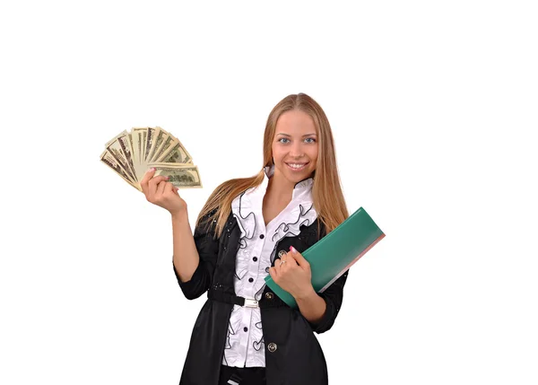 Chica con dinero y una carpeta en la mano — Foto de Stock