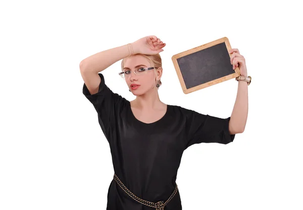 Meisje met borden in de hand — Stockfoto