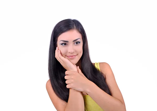 Retrato de una chica, chica cogida de la mano cerca de su cara —  Fotos de Stock