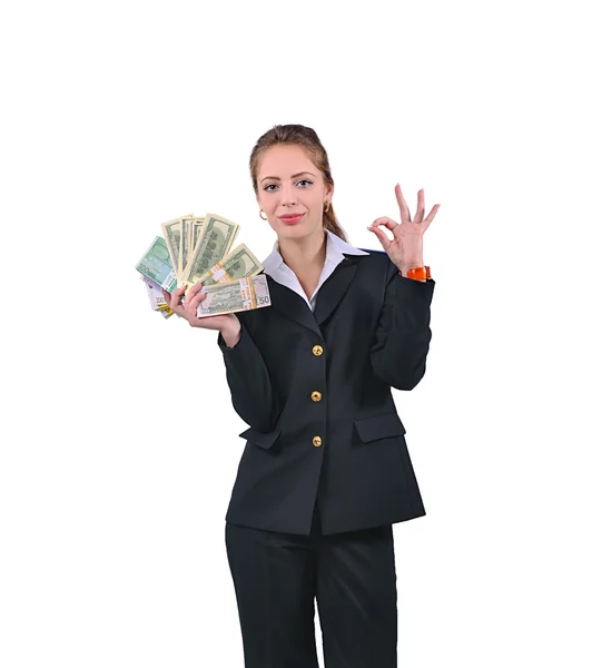 Girl in uniform and with money — Stock Photo, Image