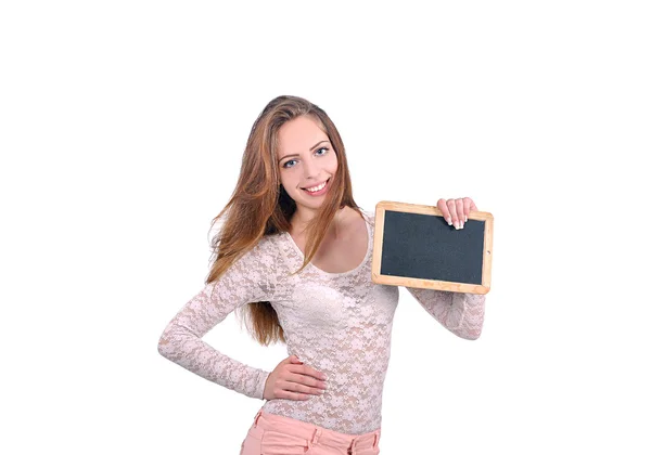 Jeune fille avec une planche en bois à la main — Photo