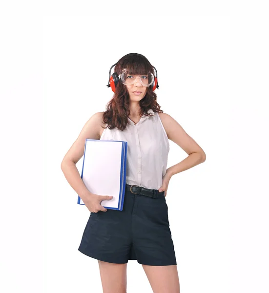 Chica en gafas de sol y auriculares de construcción —  Fotos de Stock