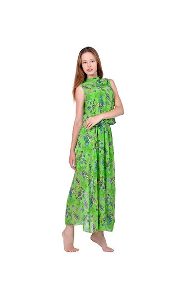 Κορίτσι σε ένα λαμπερό πράσινο φόρεμα — Φωτογραφία Αρχείου