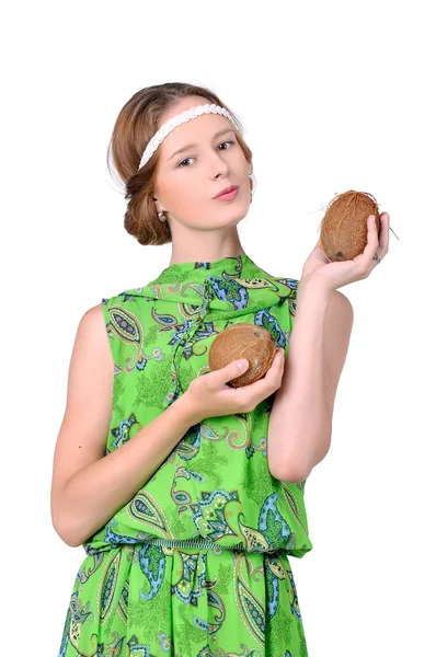 Girl and coconuts, leisure — Stock Photo, Image
