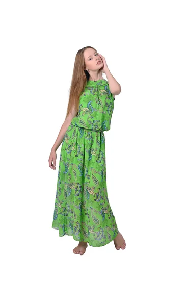 Girl in long green dress — Stock Photo, Image