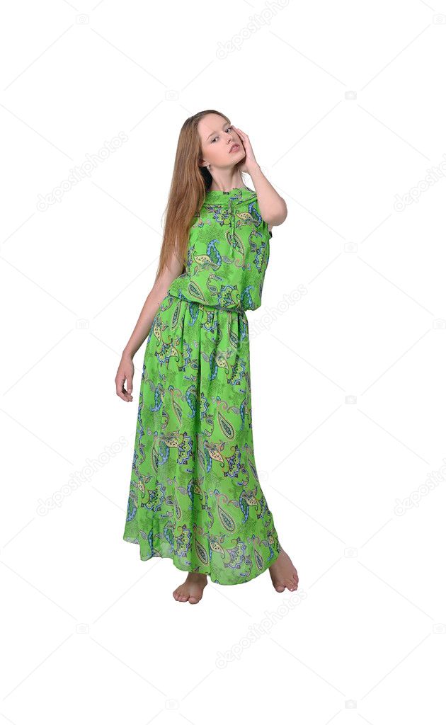 Girl in long green dress