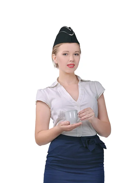 Stewardessa z filiżanką herbaty — Zdjęcie stockowe