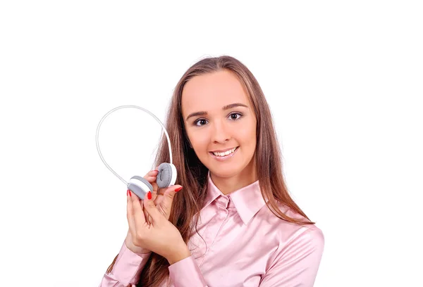 Chica con auriculares en la mano — Foto de Stock