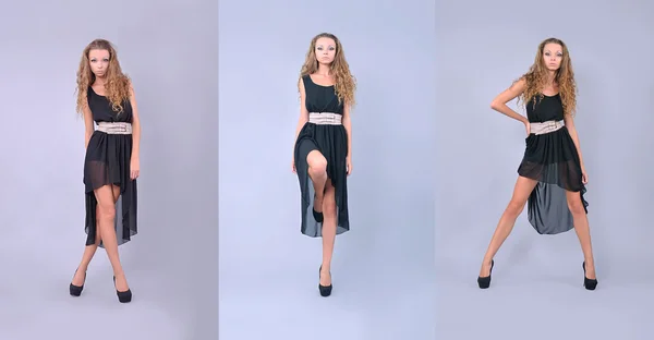 Dívka ukazuje šaty, model — Stock fotografie