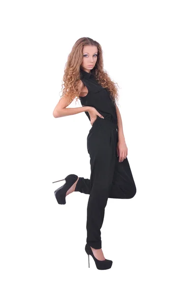 Vacker flicka i fashionabla svart dräkt — Stockfoto