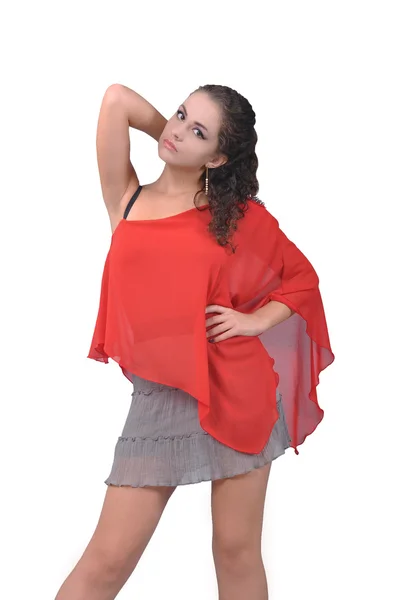 Mädchen im Sommerkleid, rote Bluse — Stockfoto