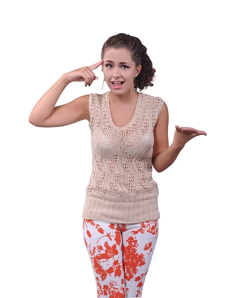 Girl holds a finger near her temple — Stock Photo, Image