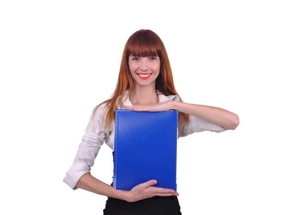 Red-haired girl with blue folder in hand — Stock Photo, Image