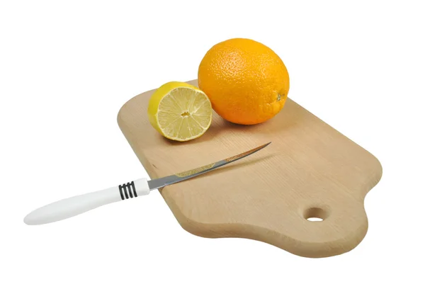 Orange, lemon and knife — Stock Photo, Image