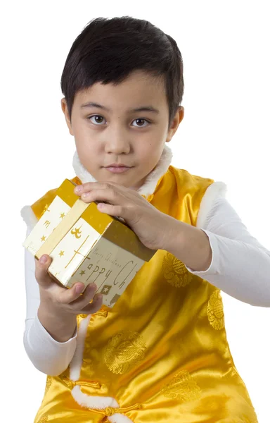 Boy and golden box — Stock Photo, Image