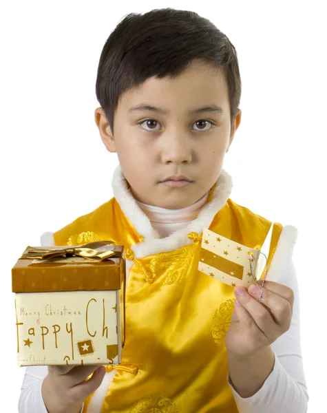 Boy and golden box — Stock Photo, Image