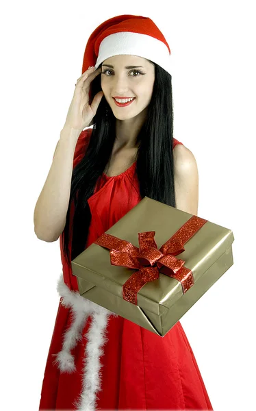 Regalo di Natale nuovo anno ragazza in ragazza rossa con regalo piacevole sorpresa — Foto Stock